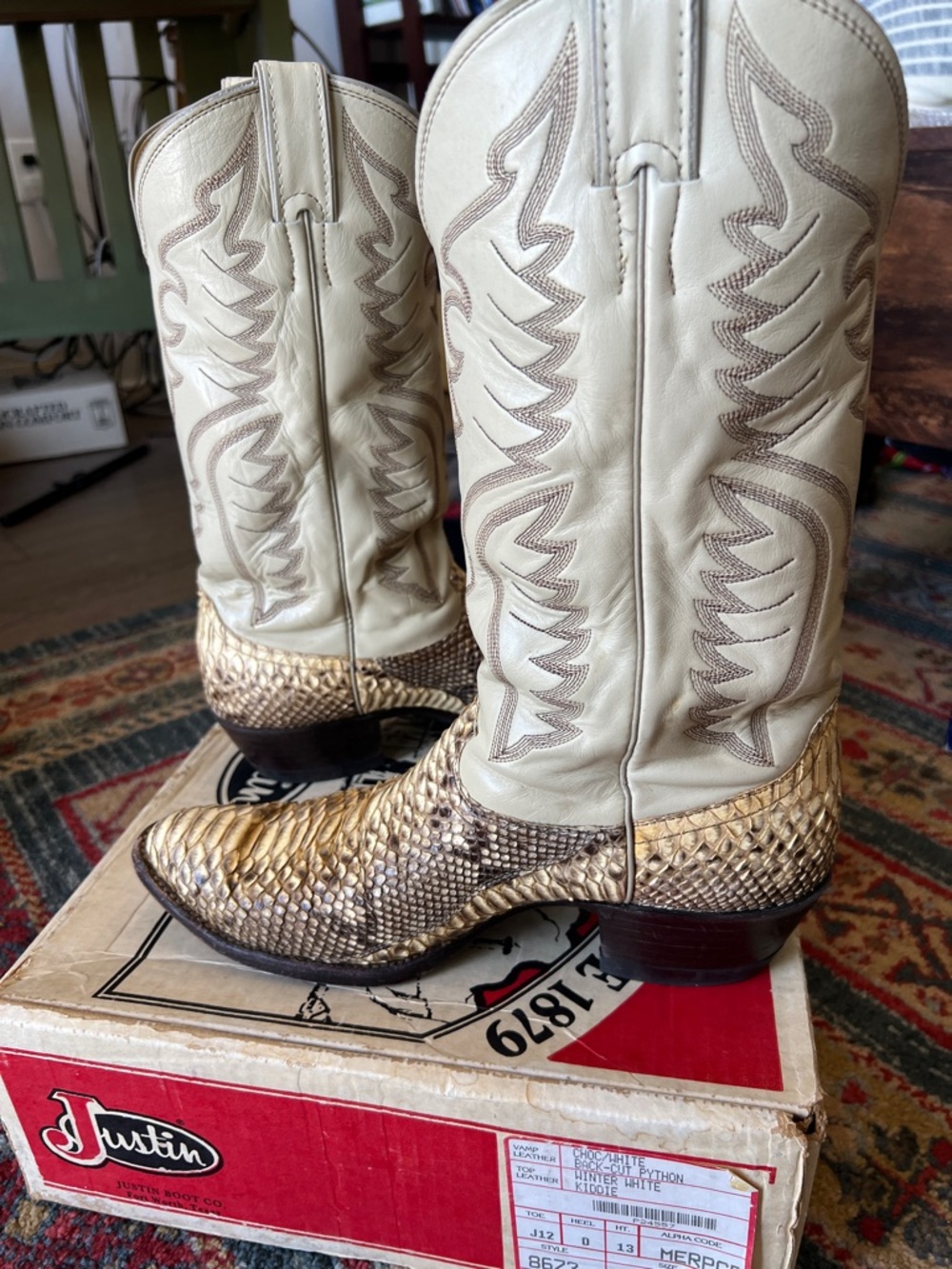 Justin Boots Cream Leather with Gold Snakeskin Toe Cowboy Boots